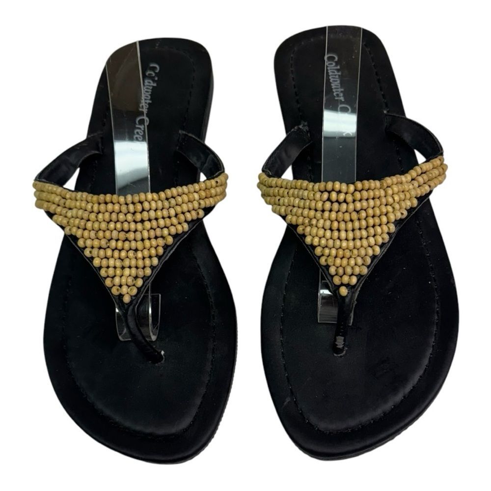 Coldwater Creek Black Thong Sandals Beaded Tan Straps Women's Flip Flops Sz 7.5